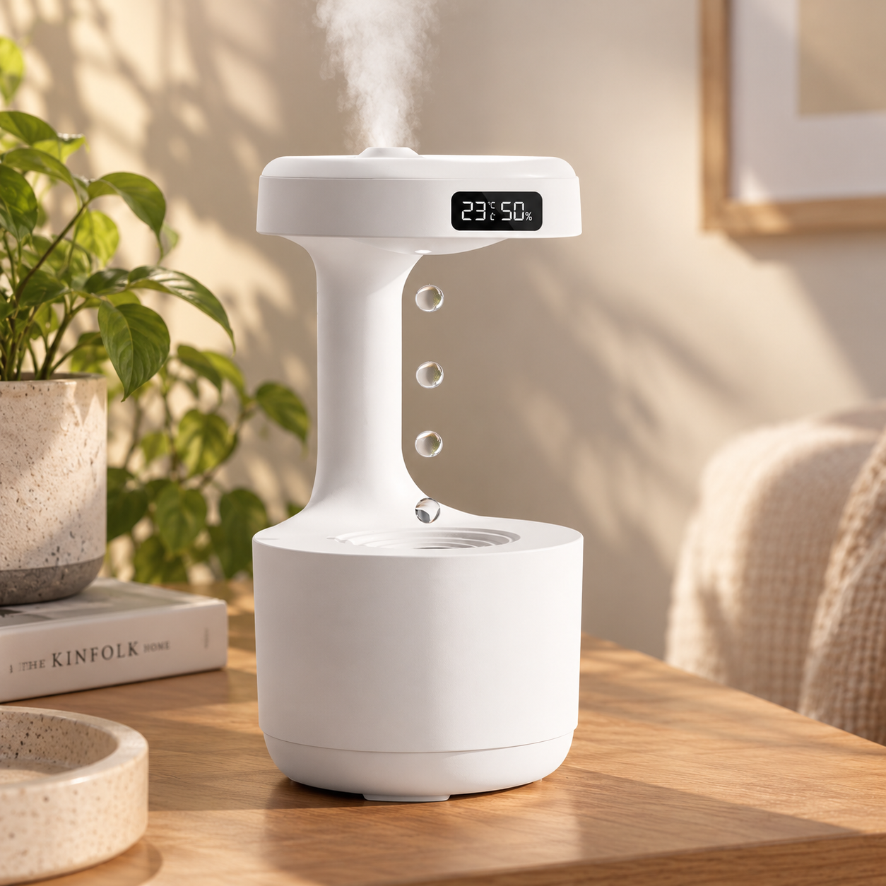 Anti-Gravity Humidifier with Rising Drops and Clock