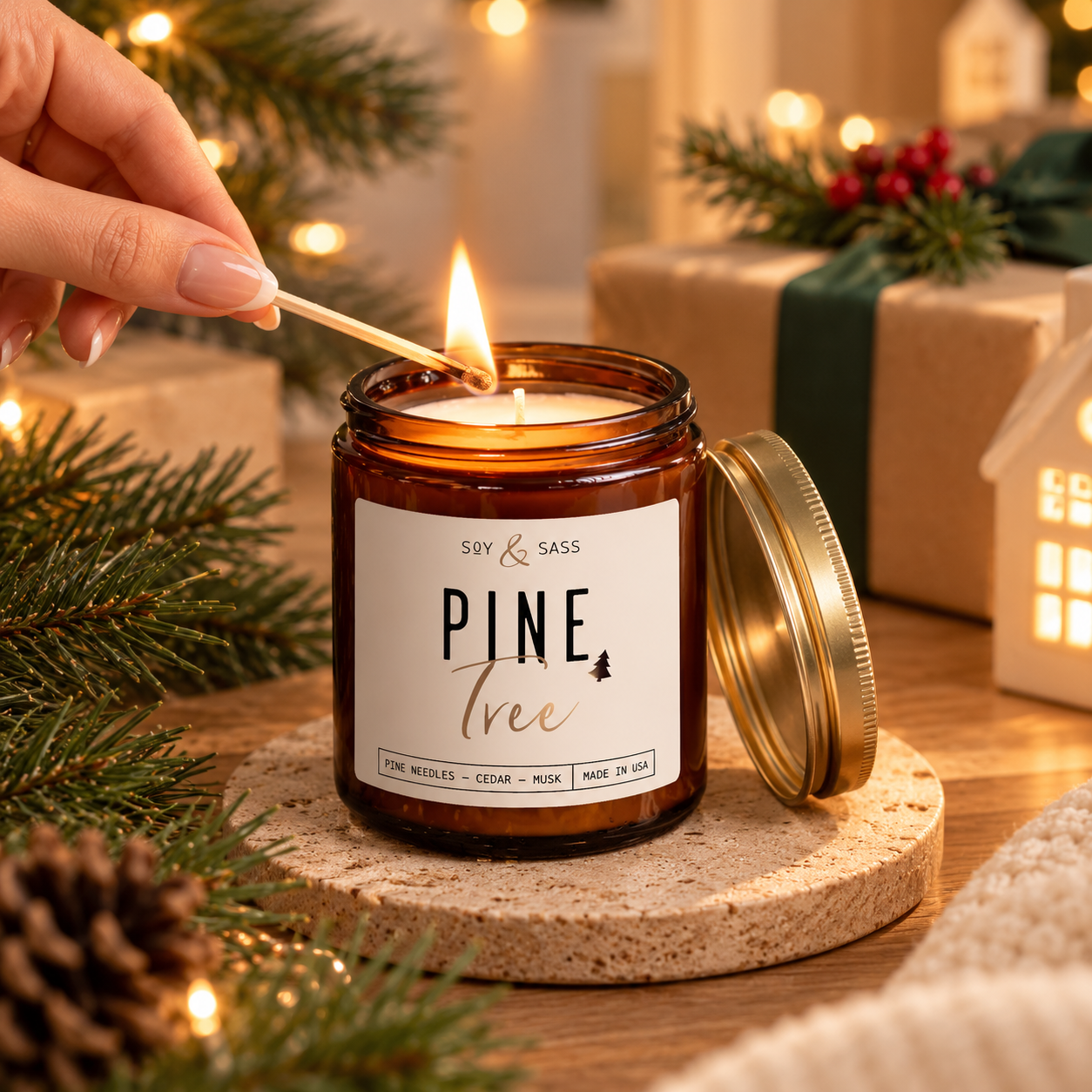 Pine Tree Candle in Amber Glass