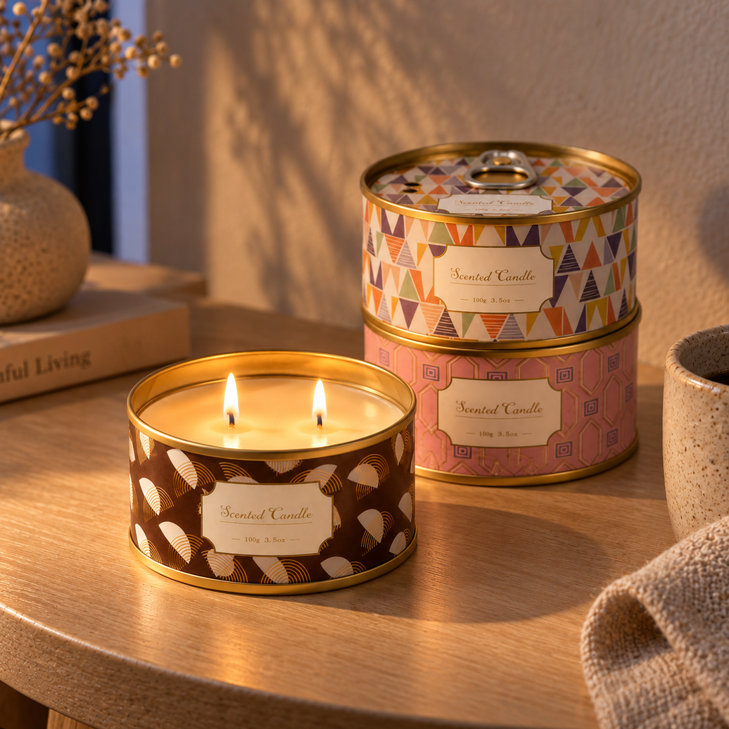 Ring-pull tin scented candles lit on a side table