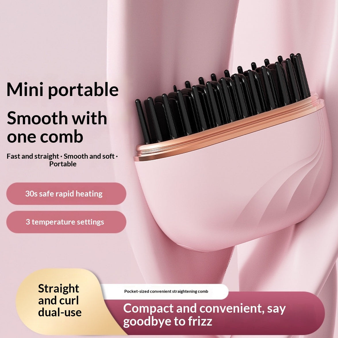 Cordless mini hair straightening comb, Pink