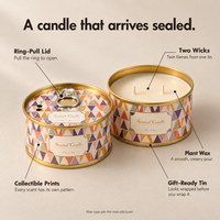 Ring-pull tin candle features: ring-pull lid, two wicks, plant wax, printed tin