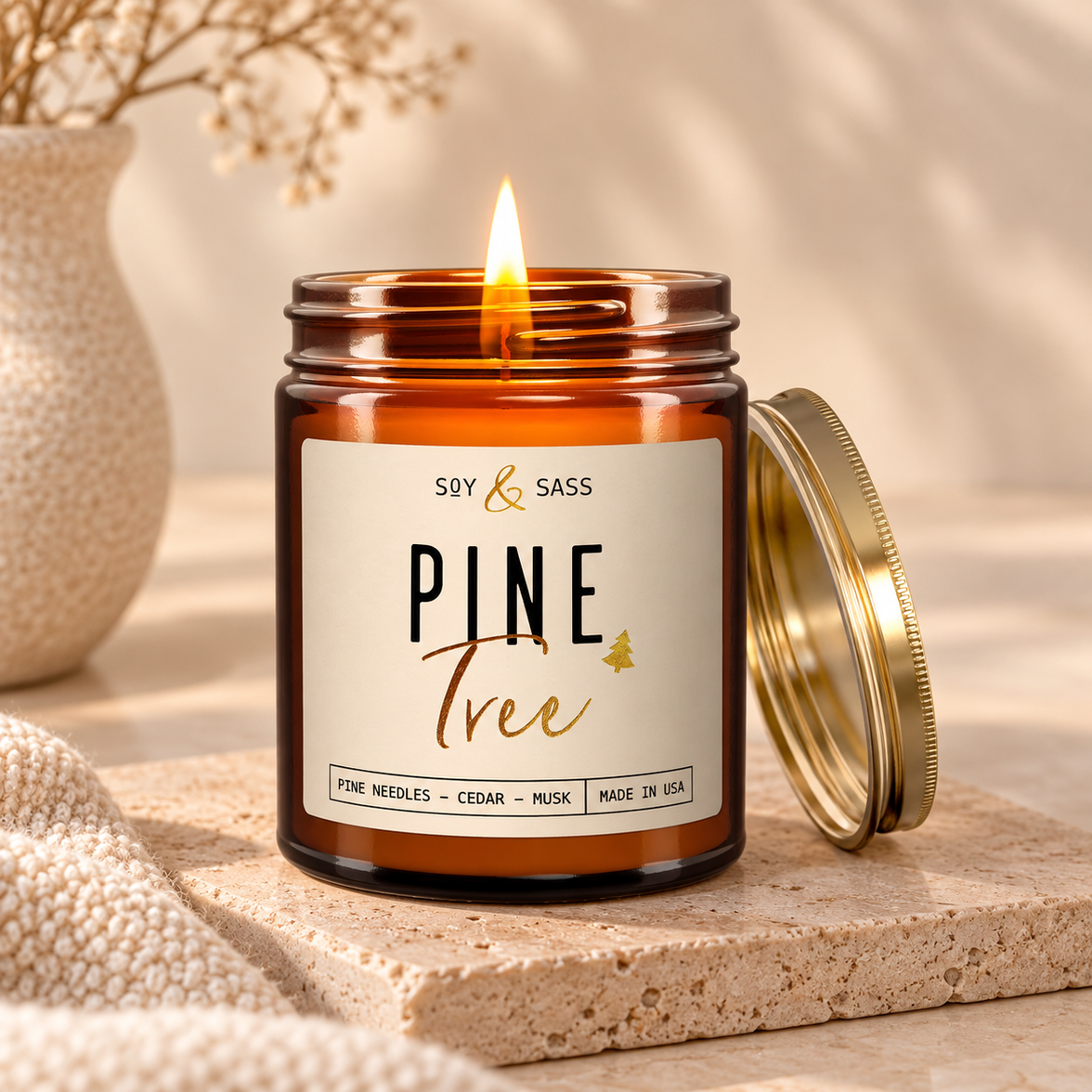 Pine Tree Candle in Amber Glass