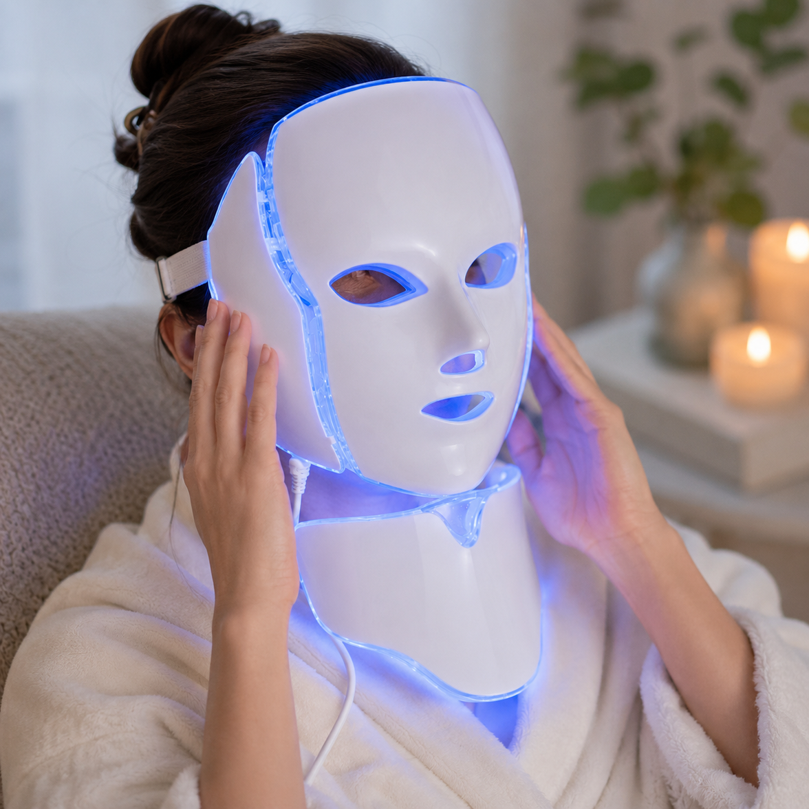 Woman using LED light face and neck mask