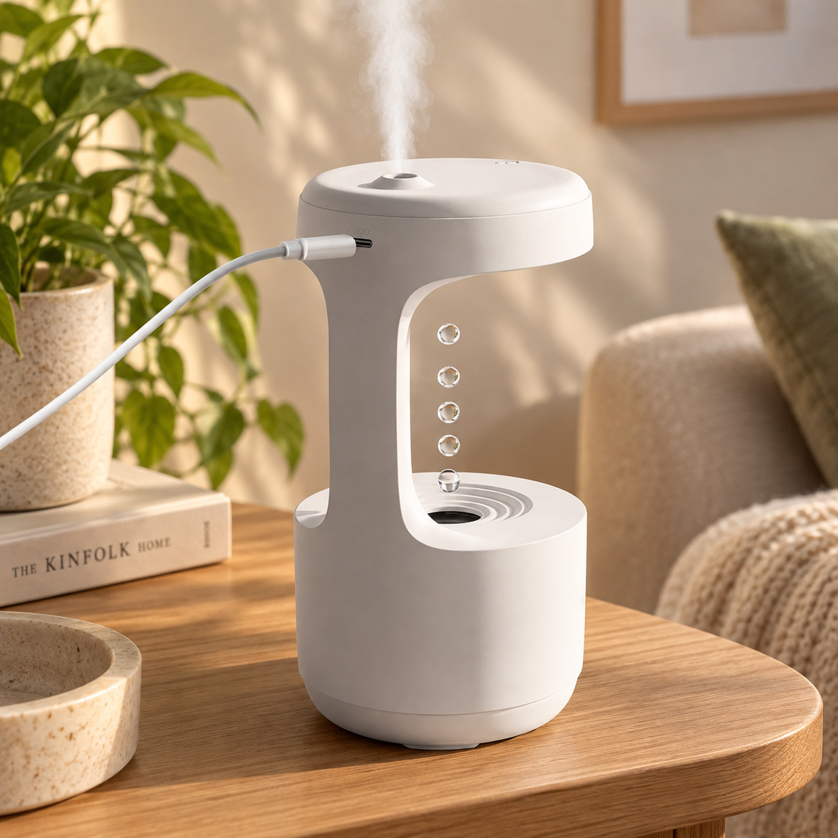 Anti-Gravity Humidifier with Rising Drops and Clock