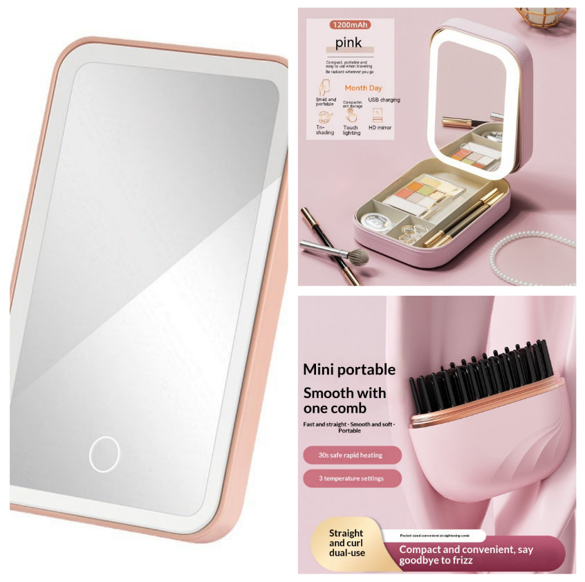 Cordless mini hair straightening comb, Pink Set